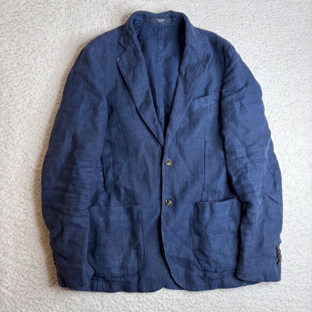 Sacoor Brothers Mens Navy Blue 100% Linen Herringbone Slim Fit Blazer Size 48